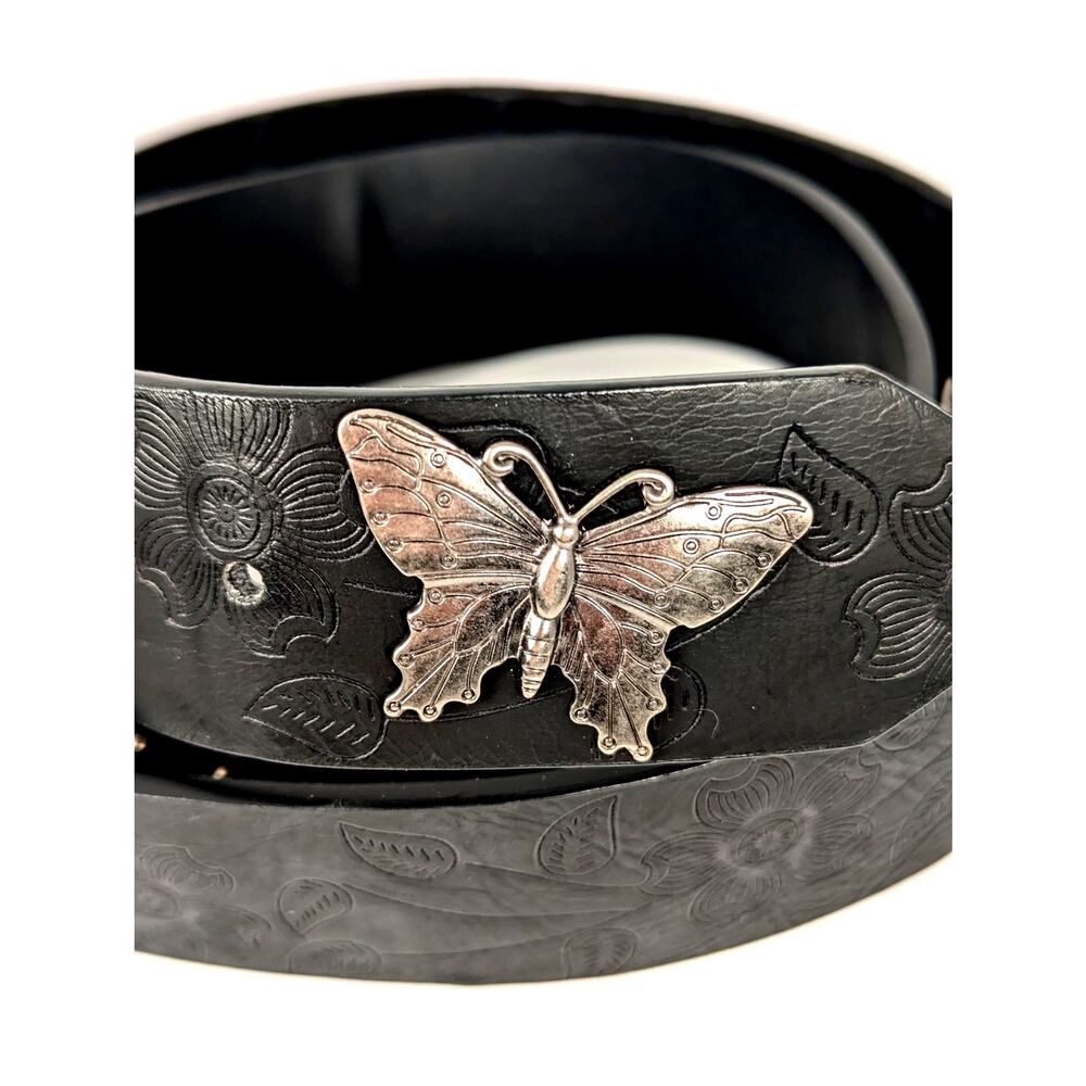 No Boundaries Black Embossed Floral Butterfly Belt Size Large Y2K silver tone - Picture 7 of 9